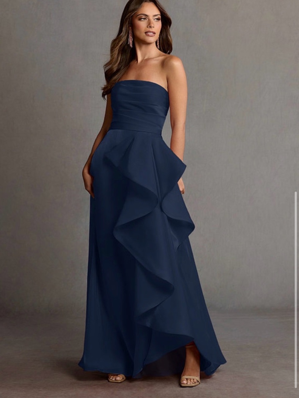 Strapless Blue Ruffle Evening Gown